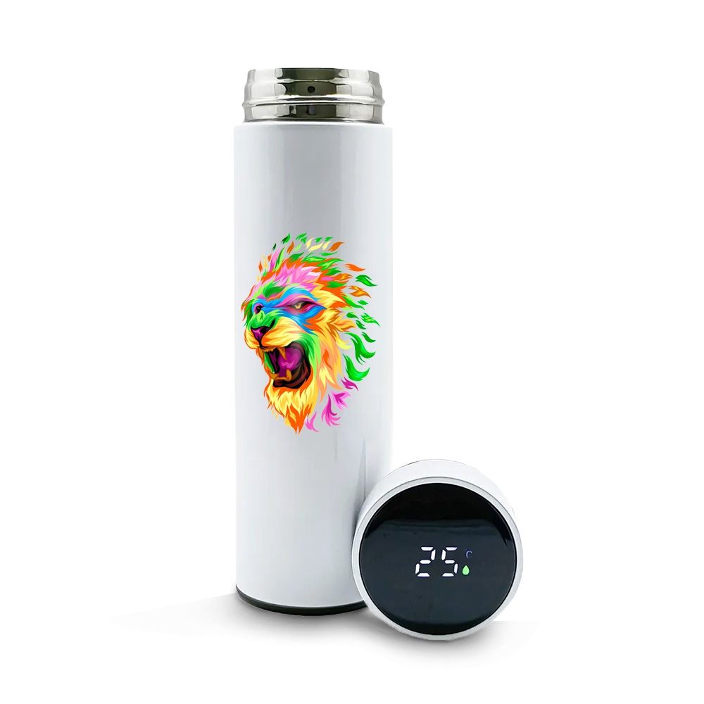 Garrafa De Aço Inox Térmica Modelo Termómetro Led Com Dtf Uv 500ml (Branca)