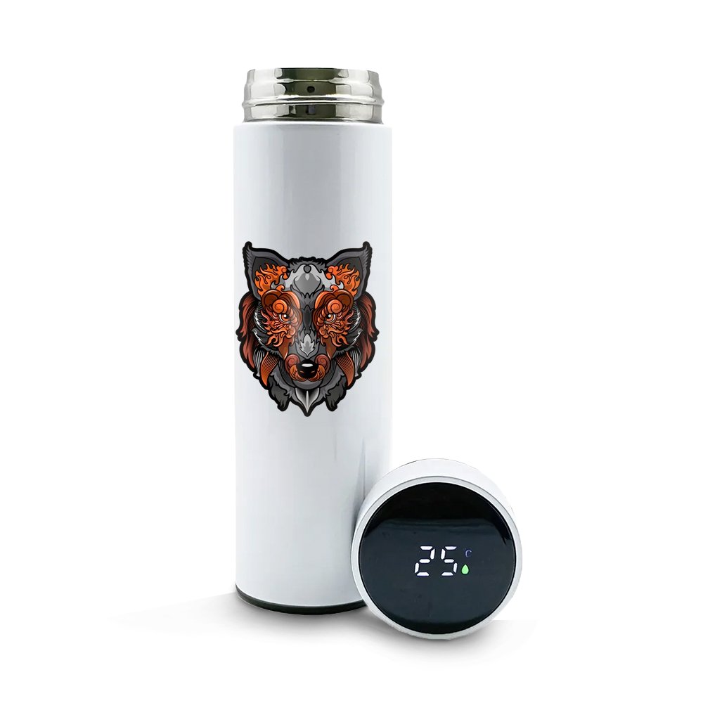 Garrafa De Aço Inox Térmica Modelo Termómetro Led Com Dtf Uv 500ml (Branca)