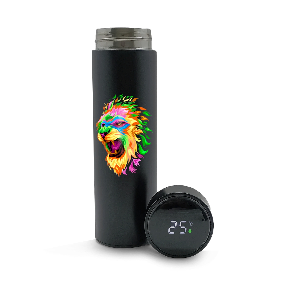 Garrafa De Aço Inox Térmica Modelo Termómetro Led Com Dtf Uv 500ml (Preta)