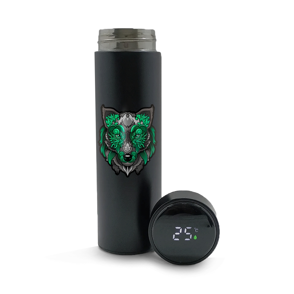 Garrafa De Aço Inox Térmica Modelo Termómetro Led Com Dtf Uv 500ml (Preta)