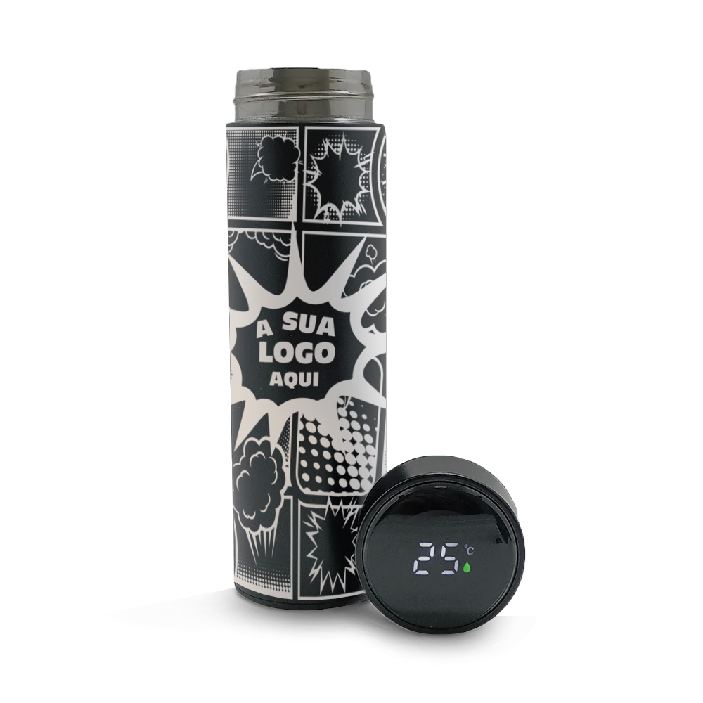 Garrafa De Aço Inox Térmica Modelo Termómetro Led Gravação Frontal 500ml (Preta)