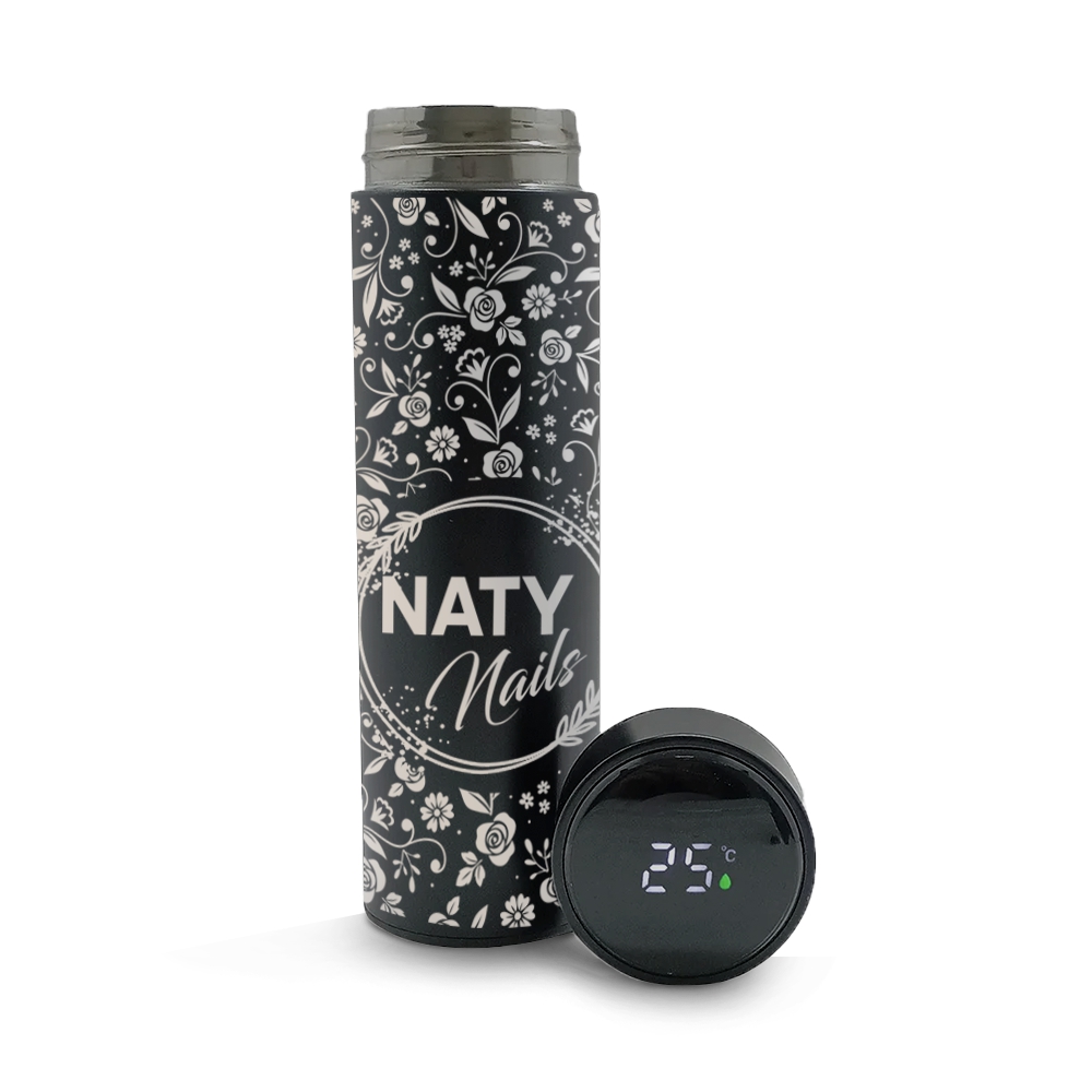 Garrafa De Aço Inox Térmica Modelo Termómetro Led Gravação Frontal 500ml (Preta)