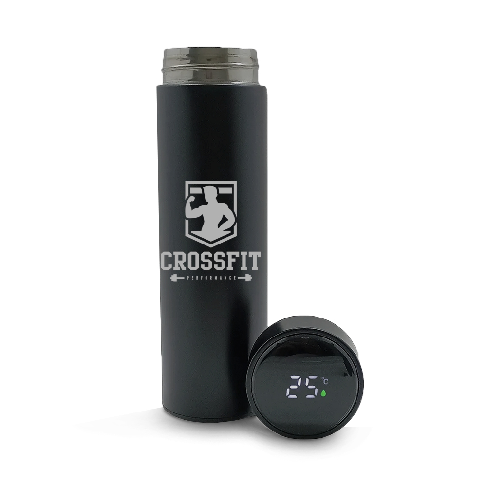 Garrafa De Aço Inox Térmica Modelo Termómetro Led Gravação Frontal 500ml (Preta)
