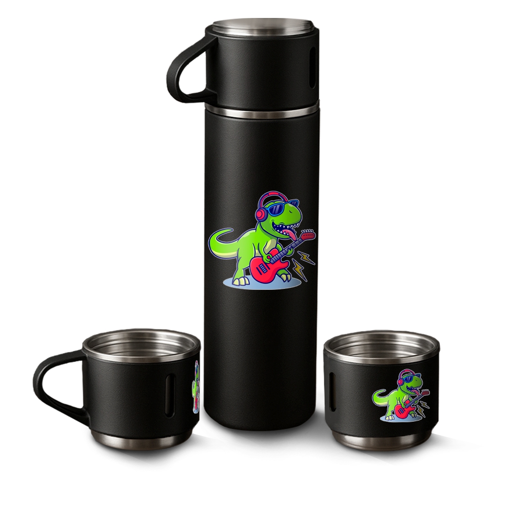 Kit Garrafa Térmica Com 3 Xícaras Com Dtf Uv Preta