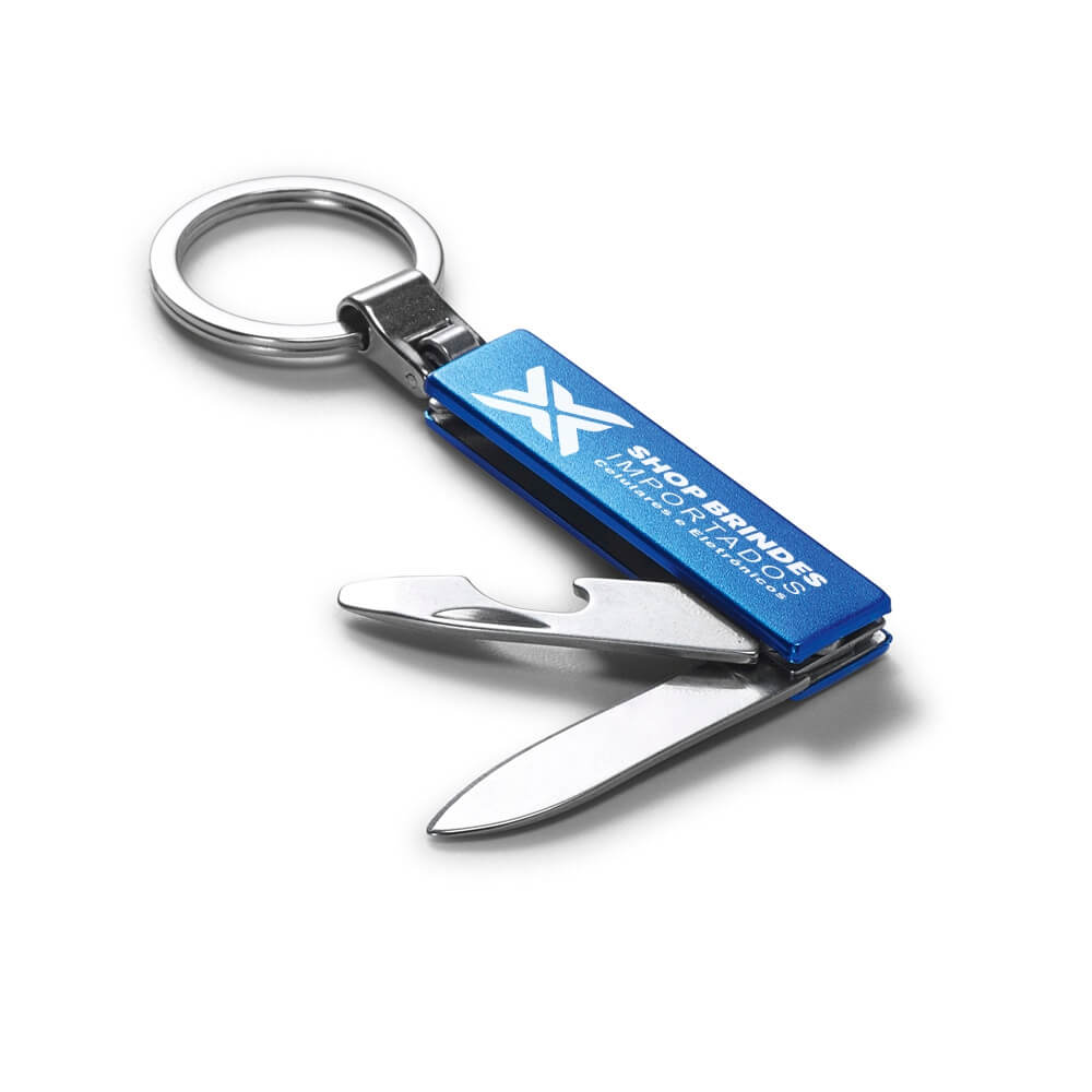 Chaveiro Gravação A Laser Metal Multifunção Com Canivete Quadrado Azul
