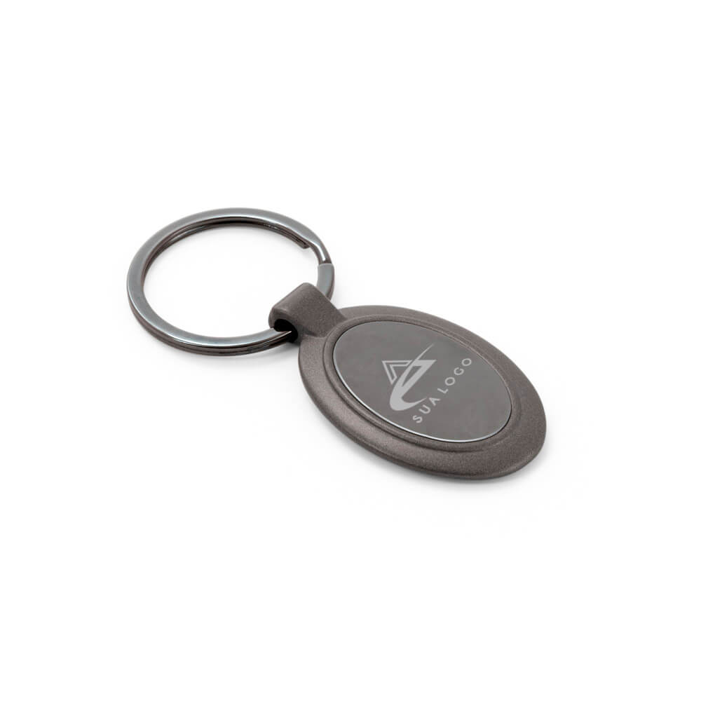 Chaveiro Gravação A Laser Metal Modelo Oval Cinza Com Detalhe Preto