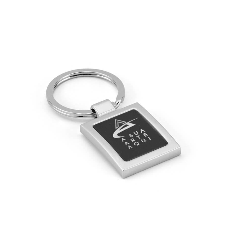 Chaveiro Gravação A Laser Metal Modelo Quadrado Cromado Com Detalhe Preto