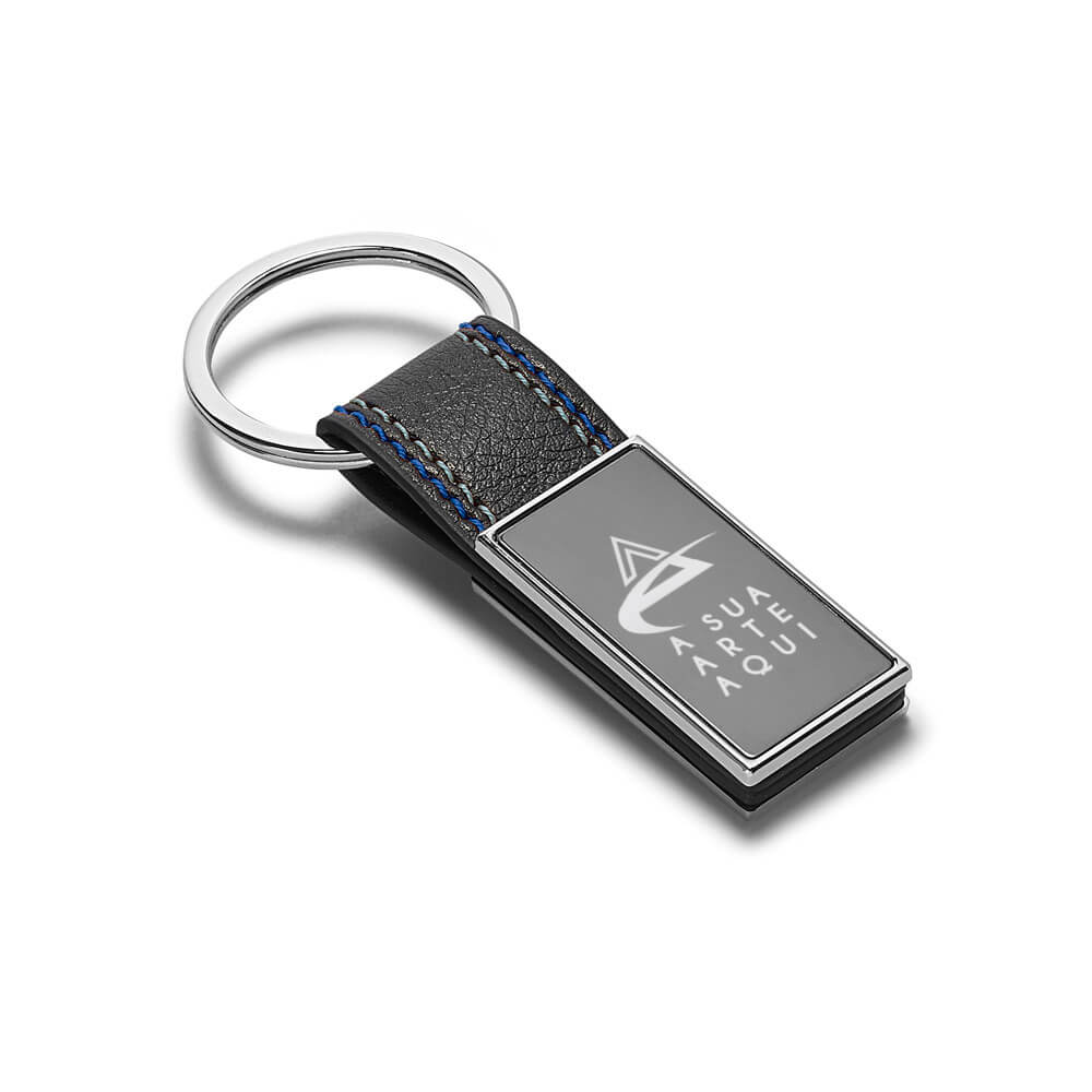 Chaveiro Gravação a Laser Couro Sintético Modelo Bale Com Fibra de Carbono Detalhe Azul