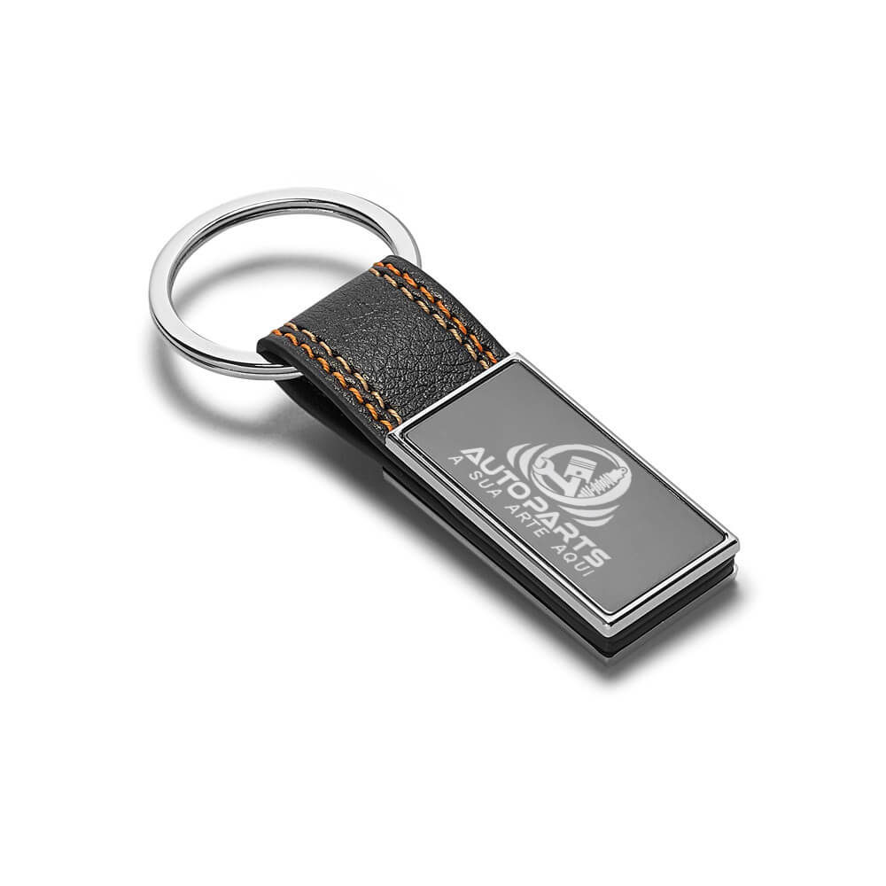 Chaveiro Gravação a Laser Couro Sintético Modelo Bale Com Fibra de Carbono Detalhe Laranja