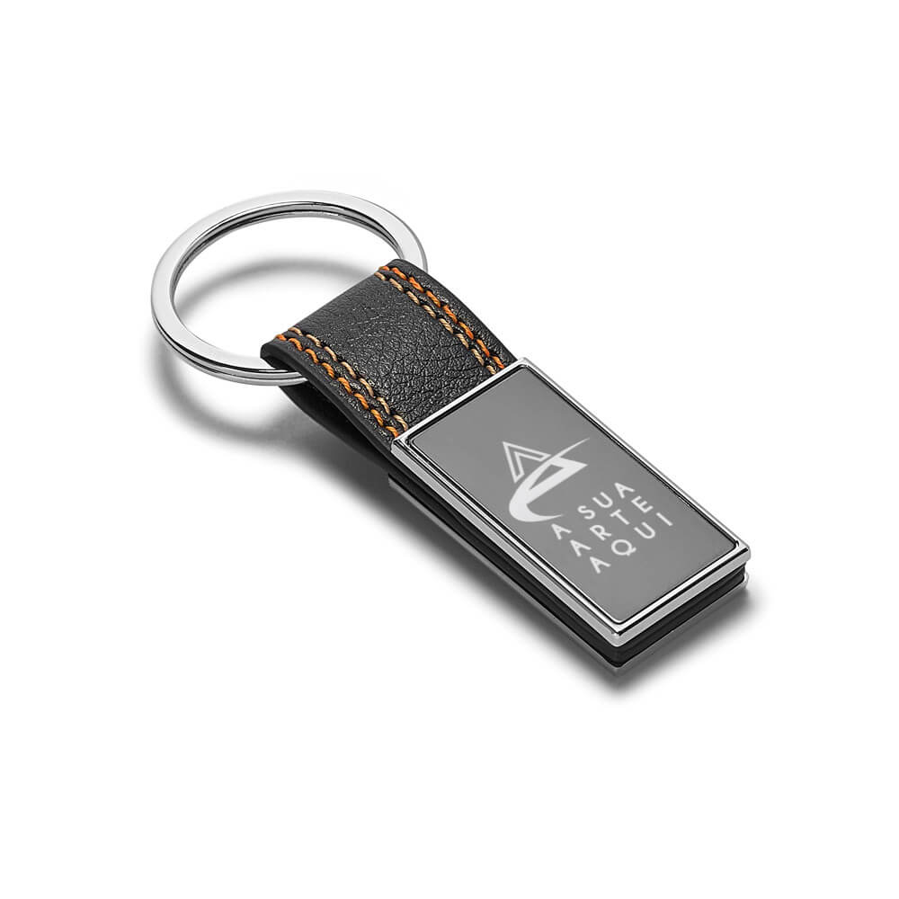 Chaveiro Gravação a Laser Couro Sintético Modelo Bale Com Fibra de Carbono Detalhe Laranja