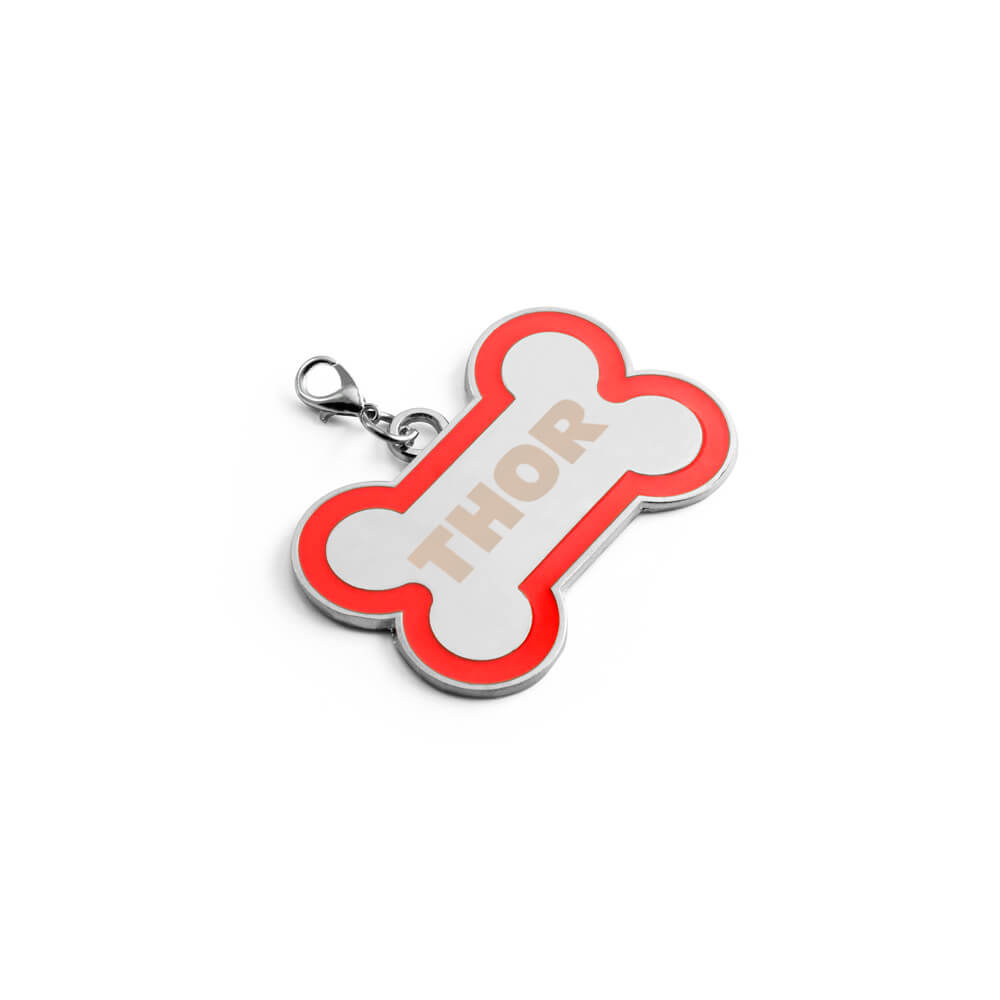 Chaveiro Gravação A Laser Metal Modelo Osso Com Detalhe Em Abs Vermelho