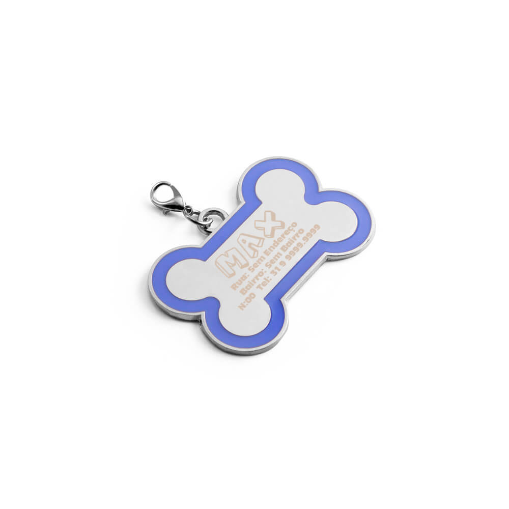 Chaveiro Gravação A Laser Metal Modelo Osso Com Detalhe Em Abs Azul