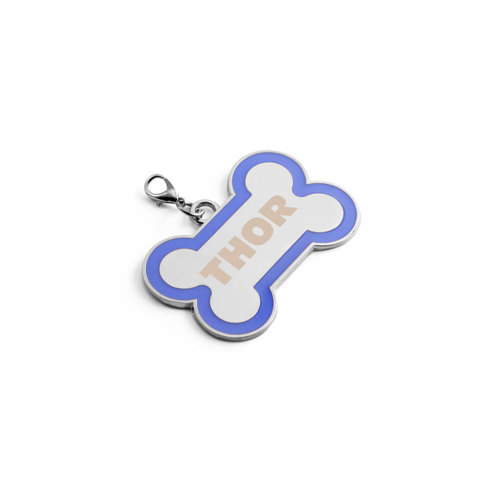 Chaveiro Gravação A Laser Metal Modelo Osso Com Detalhe Em Abs Azul