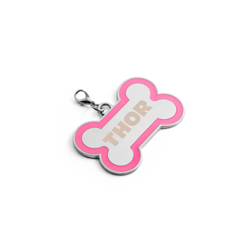 Chaveiro Gravação A Laser Metal Modelo Osso Com Detalhe Em Abs Rosa