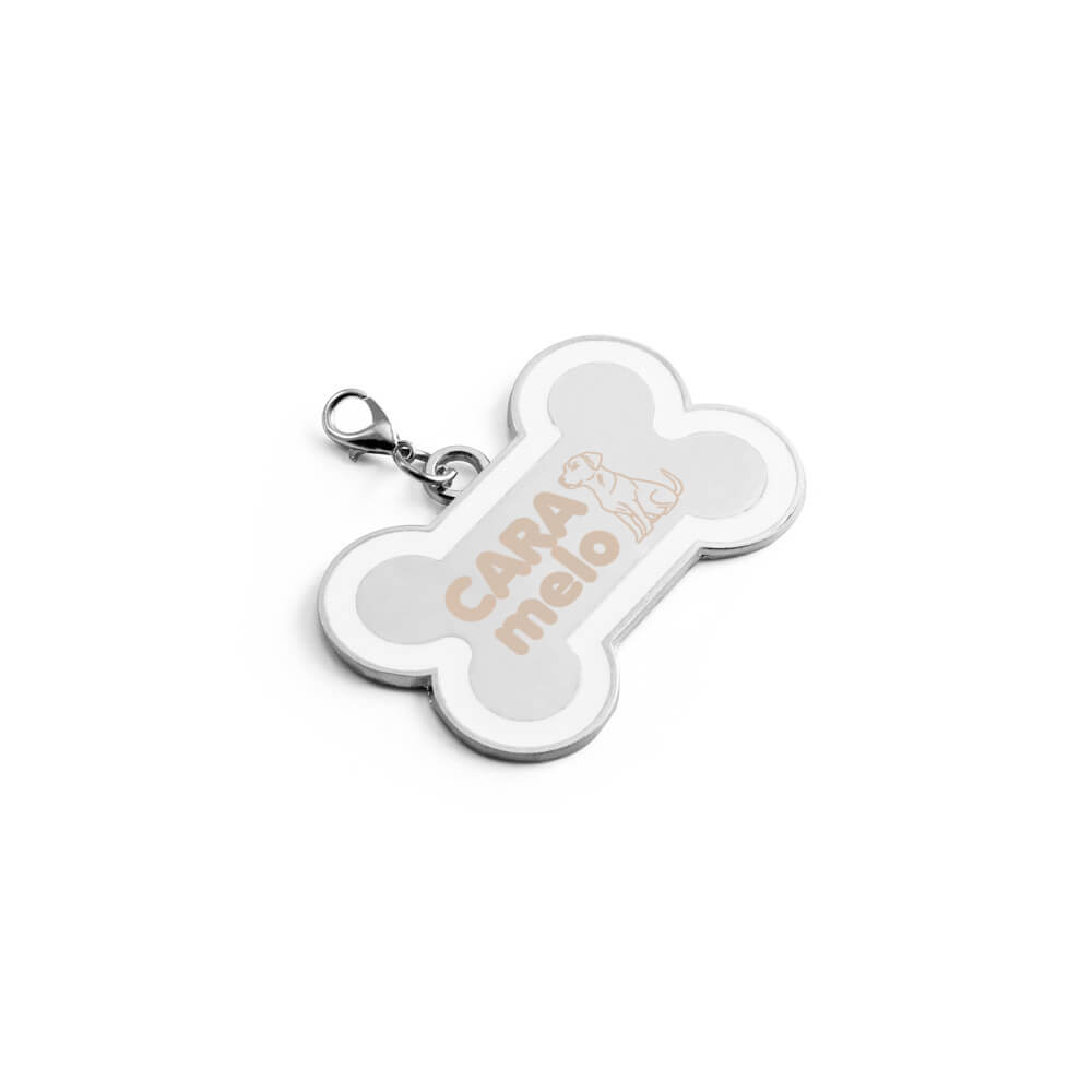 Chaveiro Gravação A Laser Metal Modelo Osso Com Detalhe Em Abs Branco