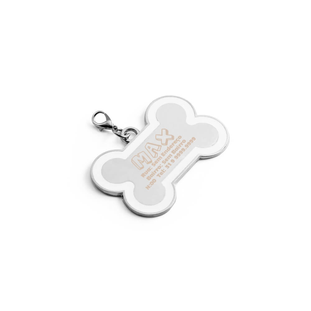 Chaveiro Gravação A Laser Metal Modelo Osso Com Detalhe Em Abs Branco