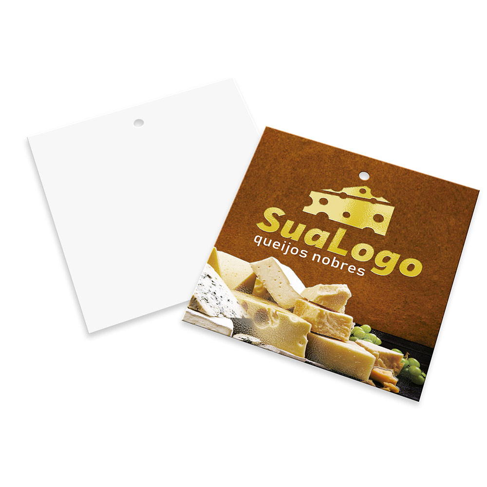 Tags Padrão Furo Couchê 300g Verniz Localizado e Laminação Fosca Frente (91x102mm)