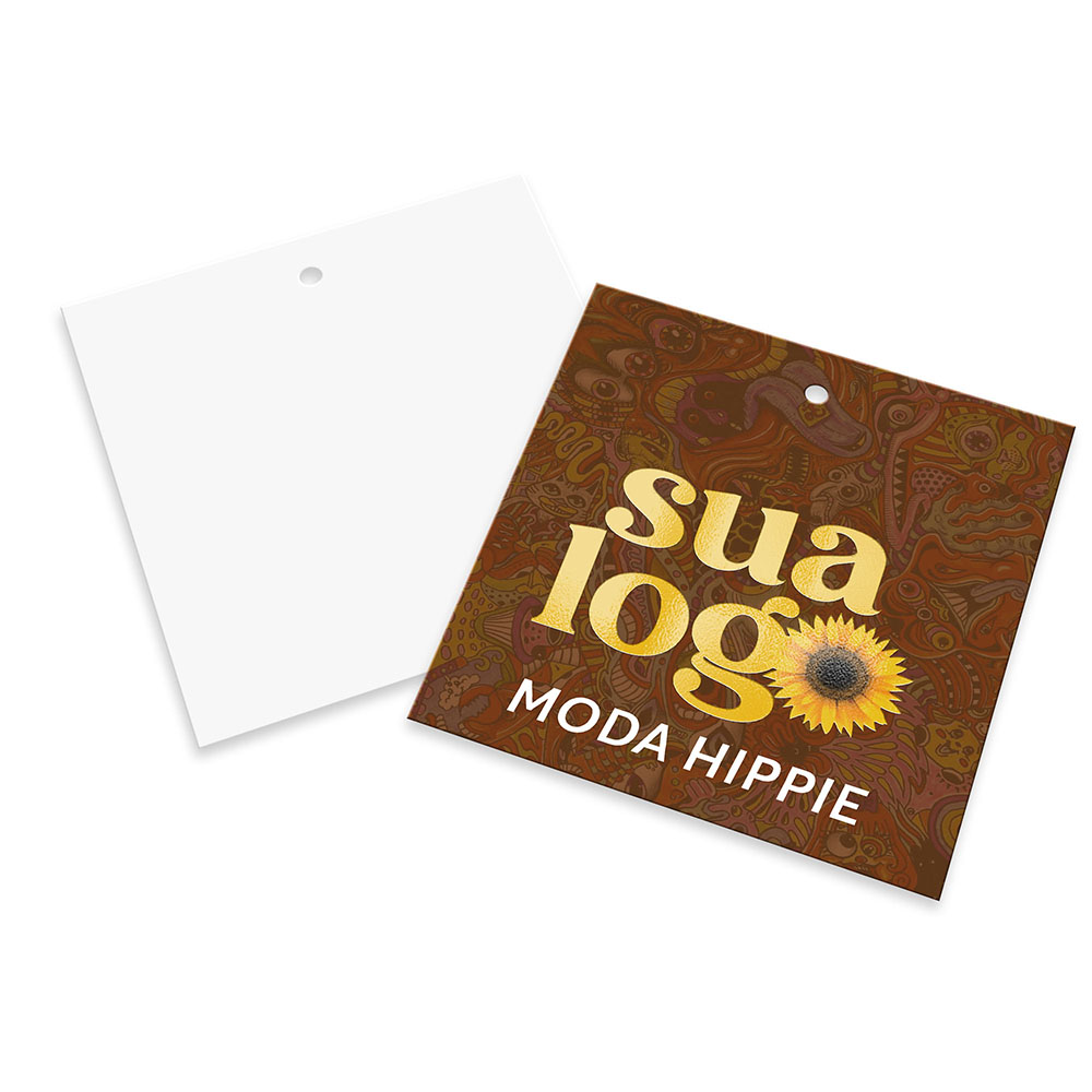 Tags Padrão Furo Couchê 300g Verniz Localizado e Laminação Fosca Frente (91x102mm)