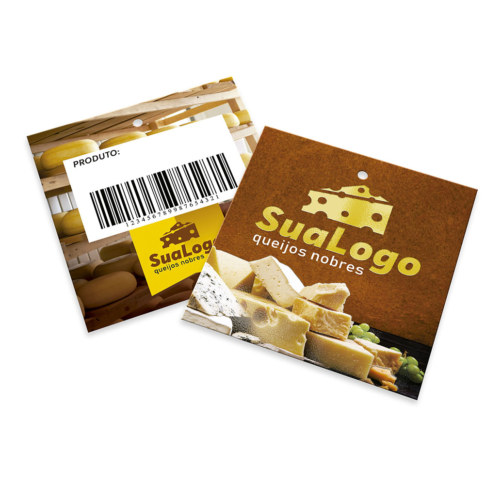 Tags Padrão Furo Couchê 300g Verniz Localizado e Laminação Fosca Frente (91x102mm)