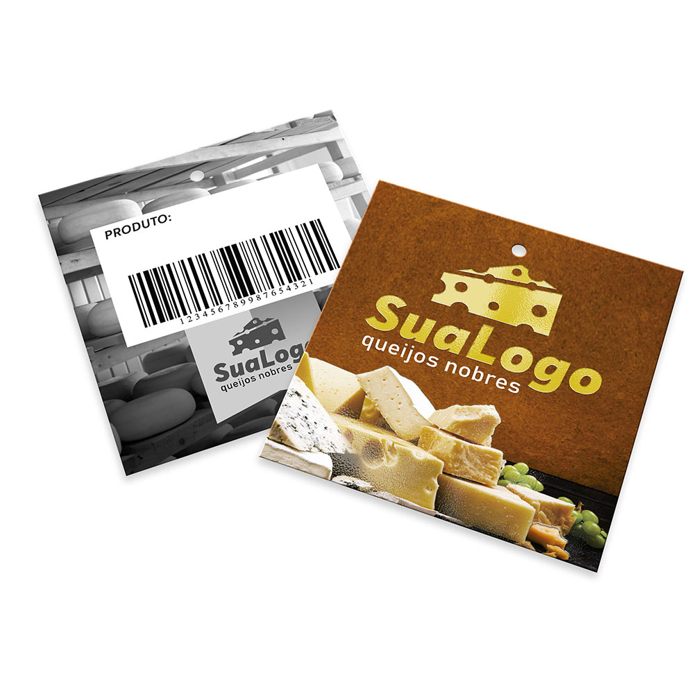 Tags Padrão Furo Couchê 300g Verniz Localizado e Laminação Fosca Frente (91x102mm)