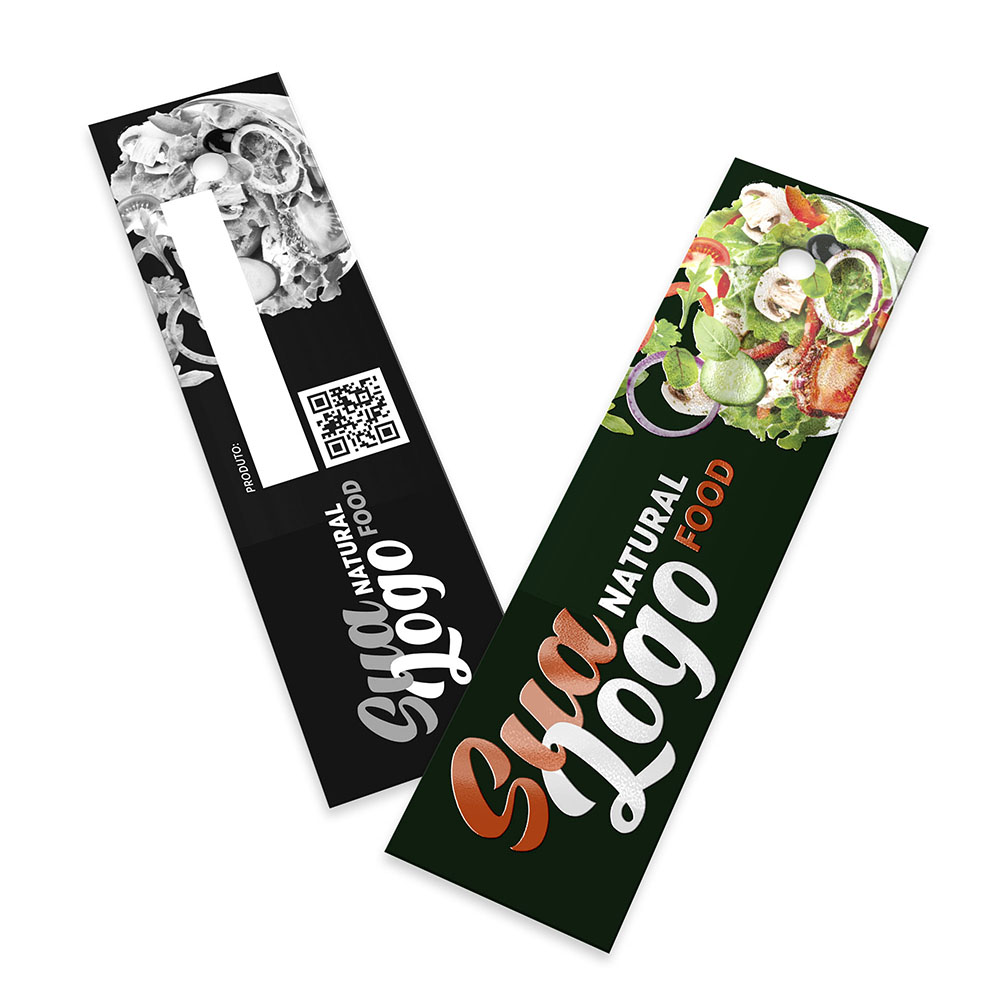 Tags Padrão Furo Couchê 300g Verniz Localizado e Laminação Fosca Frente (91x25mm)