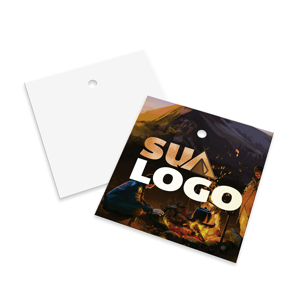 Tags Padrão Furo Couchê 300g Verniz Localizado e Laminação Fosca Frente (45x51mm)